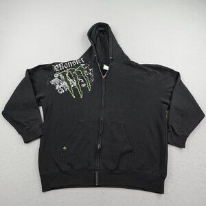 Monster Energy Hoodie Mens 2XL XXL Black Green Full Zip Up Sweatshirt Outdoors
